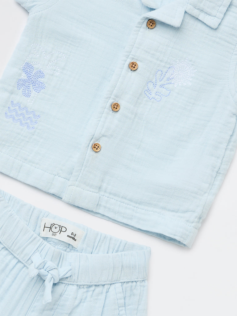 HOP Baby Boys Light Blue Cotton Shirt and Shorts Set