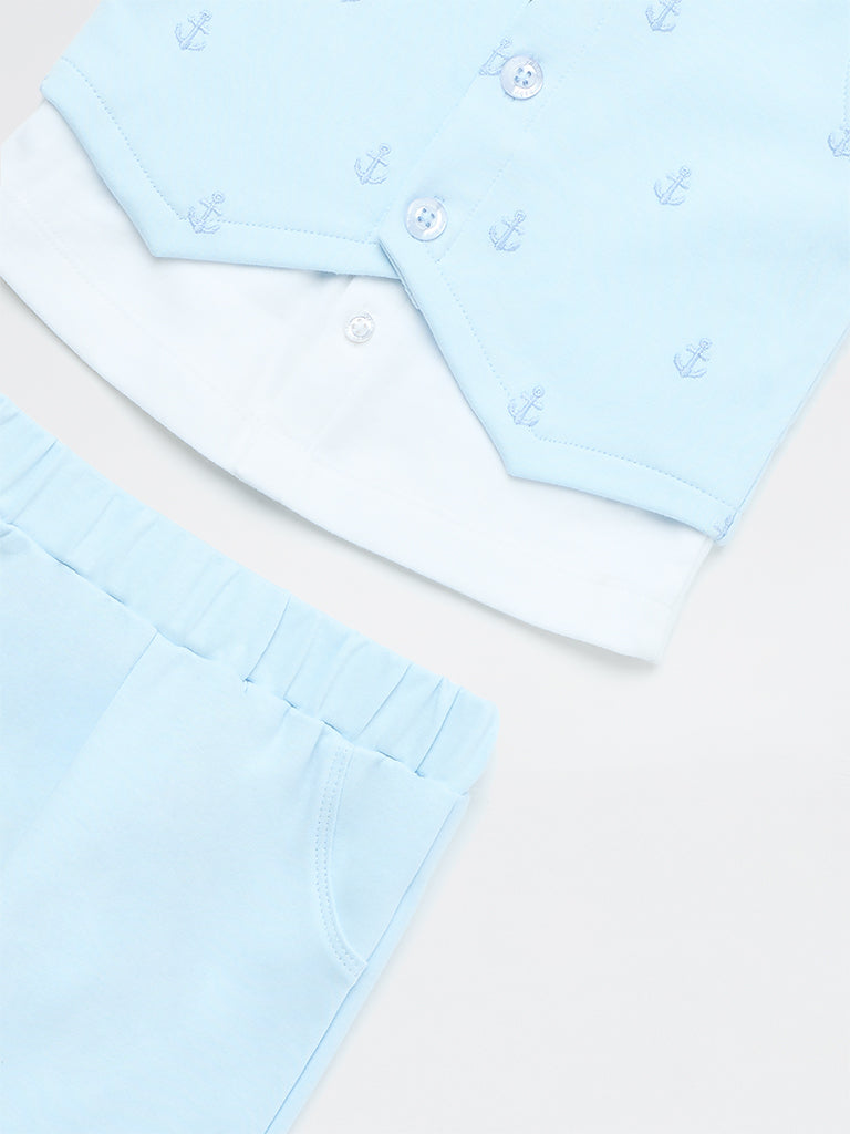 HOP Baby Boys Blue Embroidered Cotton Waistcoat, Shirt, Trousers and Bow Set