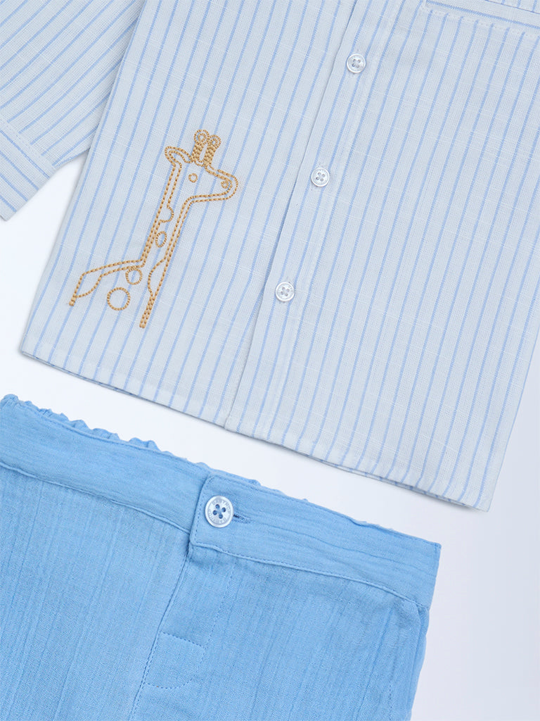 HOP Baby Boys Blue Striped Cotton Shirt and Pants Set