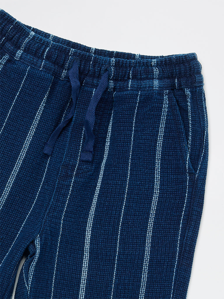 HOP Kids Boys Navy Striped Mid-Rise Cotton Trousers