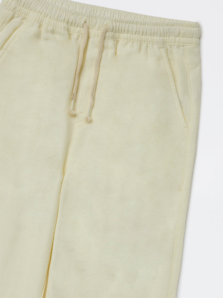 HOP Kids Boys Cream Solid Relaxed-Fit Mid-Rise Cotton-Blend Trousers
