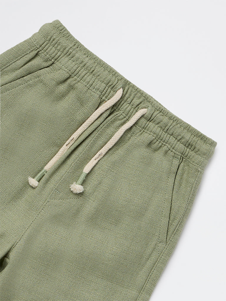 HOP Kids Boys Sage Solid Mid-Rise Cotton-Blend Trousers