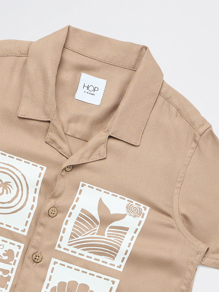HOP Kids Boys Taupe Graphic Printed Shirt