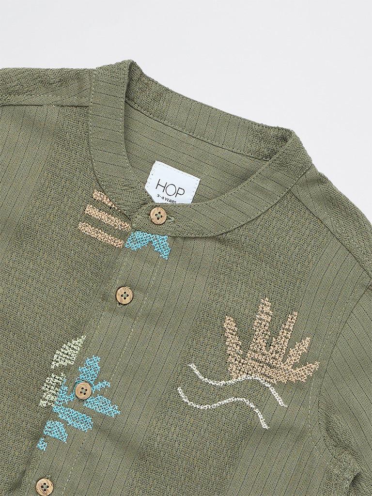 HOP Kids Boys Olive Embroidered Cotton Shirt