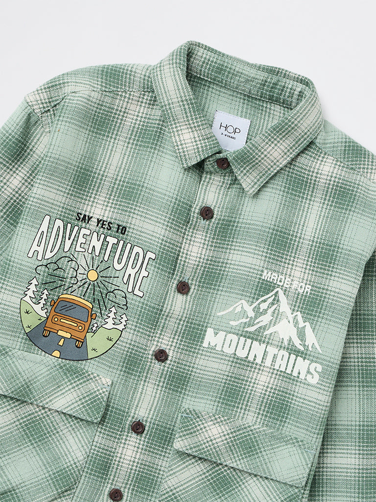 HOP Kids Boys Green Check Graphic Printed Cotton Shirt