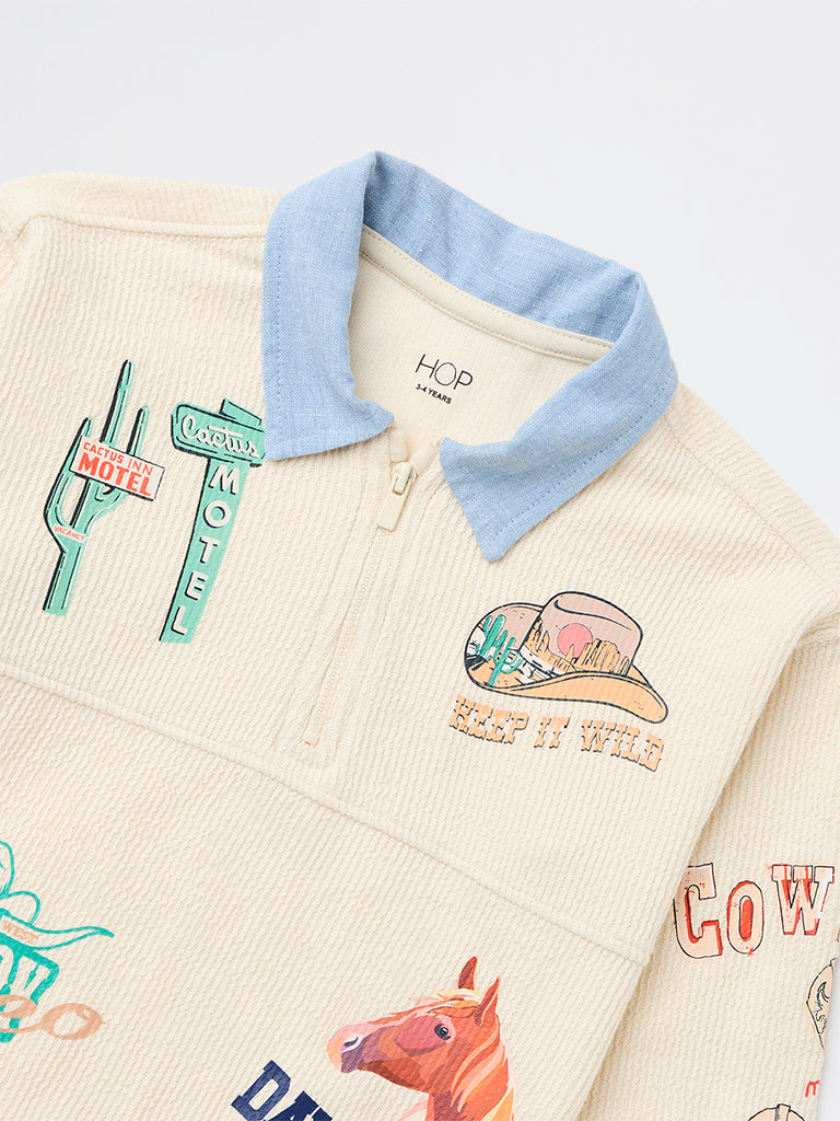 HOP Kids Boys Beige Cowboy Themed Cotton Sweatshirt