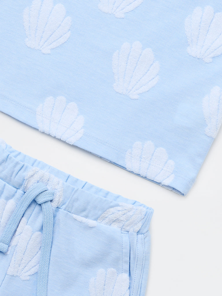 HOP Kids Girls Light Blue Seashell Printed Cotton-Blend T-Shirt and Shorts Set