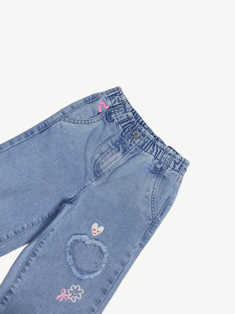 HOP Kids Girls Light Blue Floral Design Wide Leg Jeans