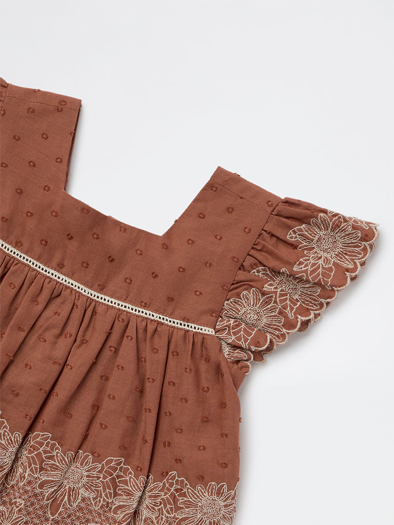 HOP Kids Girls Brown Floral Embroidered Cotton Top