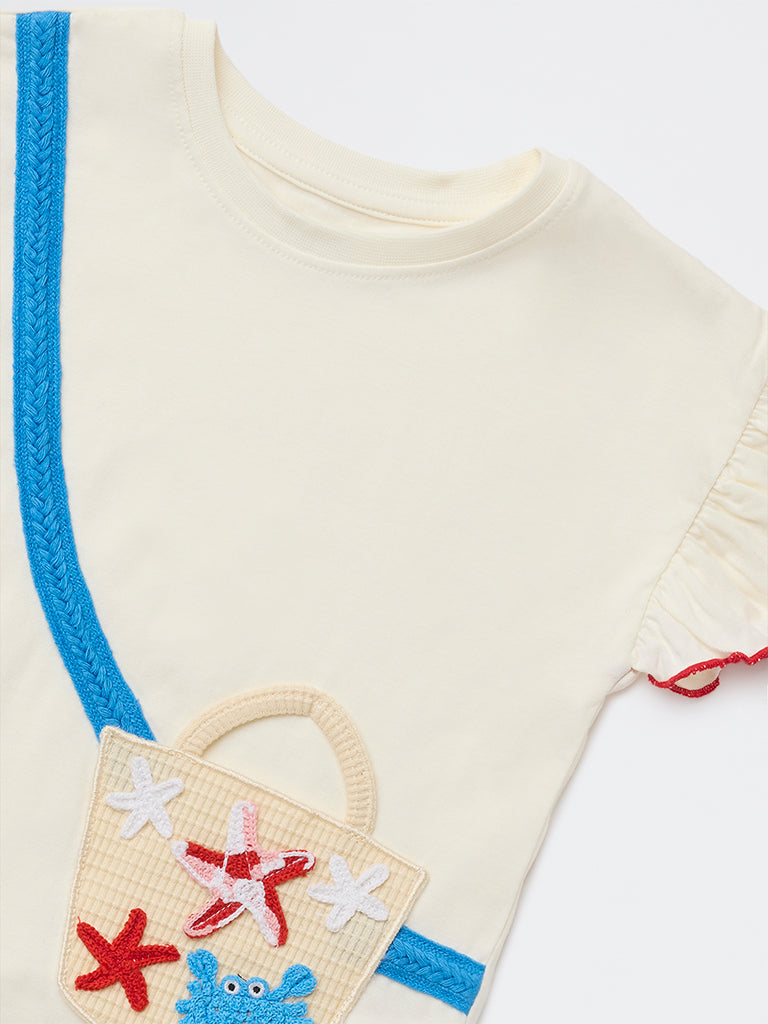 HOP Kids Girls Off-White Sea-Life Embroidered Cotton Top