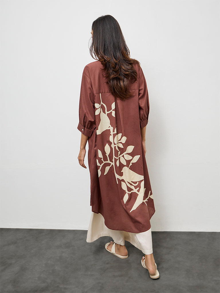 Utsa Dark Brown Foliage Printed Cotton A-Line Kurta