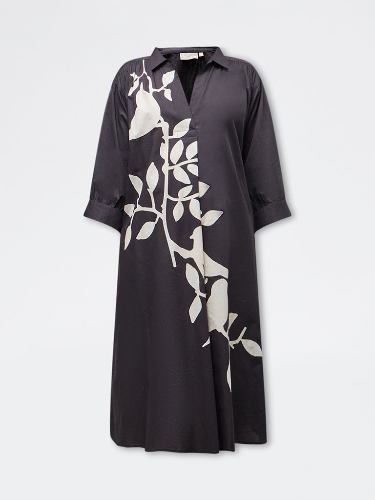 Utsa Black Foliage Printed Cotton A-Line Kurta