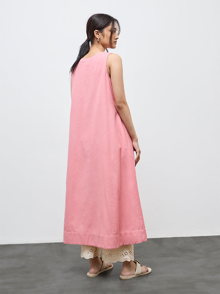 Utsa Pink Floral Embroidered A-Line Cotton Kurta