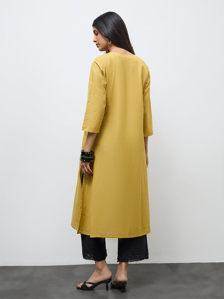 Utsa Mustard Floral Embroidered Cotton-Blend A-Line Kurta
