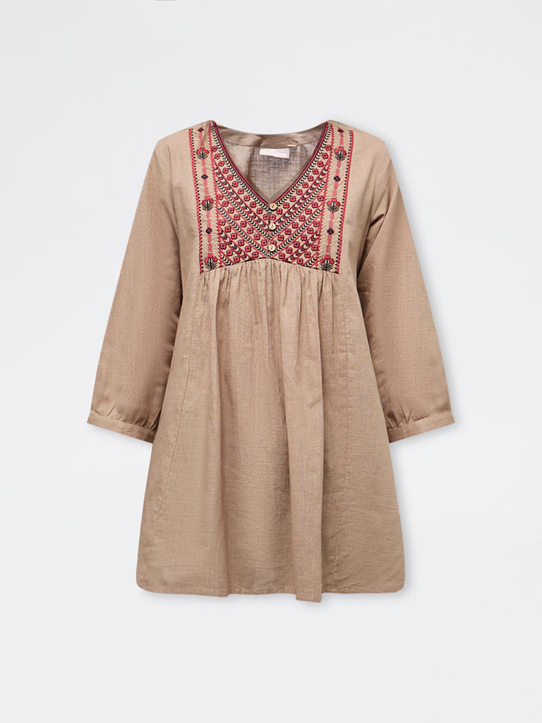 Utsa Beige Floral Embroidered Cotton Tunic
