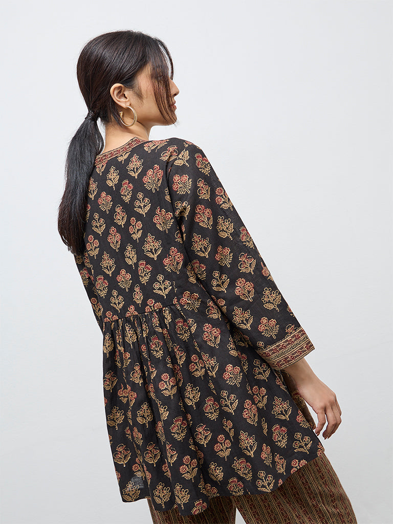 Utsa Black Botanical Pattern Cotton Tunic