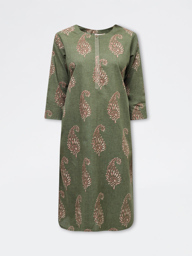 Utsa Olive Paisley Printed Cotton Straight Kurta