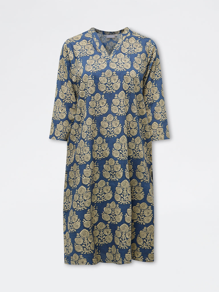 Utsa Indigo Butta Leaf Cotton Straight Kurta