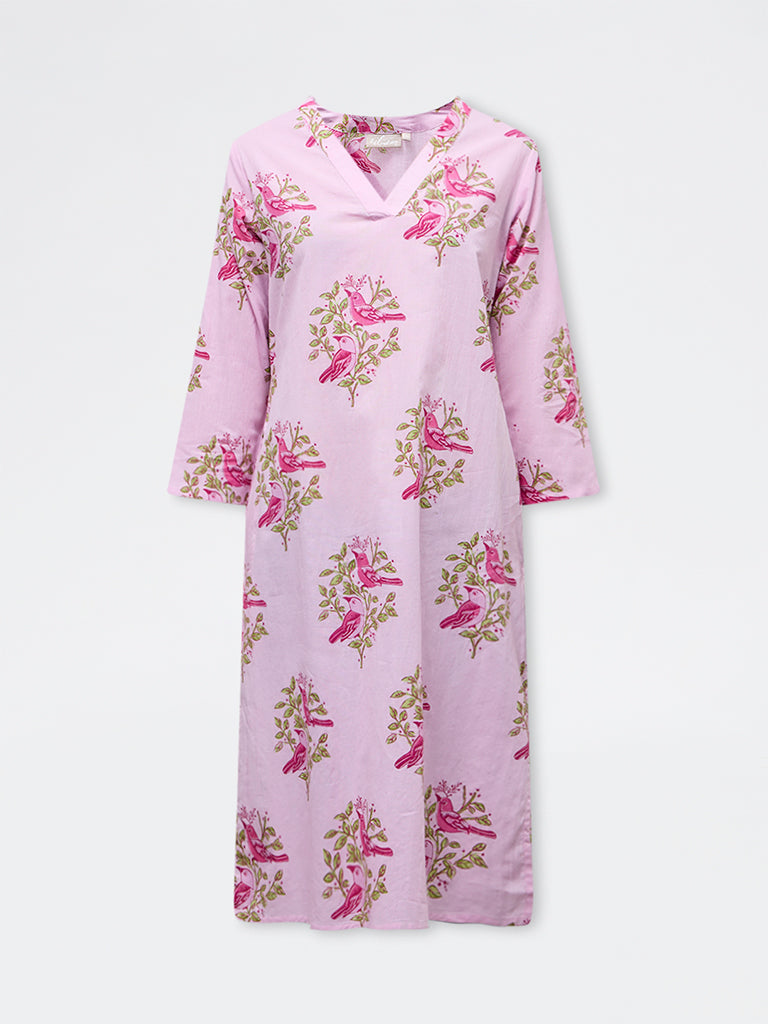 Utsa Pink Foliage Pattern Cotton Straight Kurta