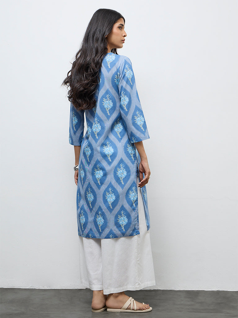 Utsa Blue Floral Printed Cotton Straight Kurta