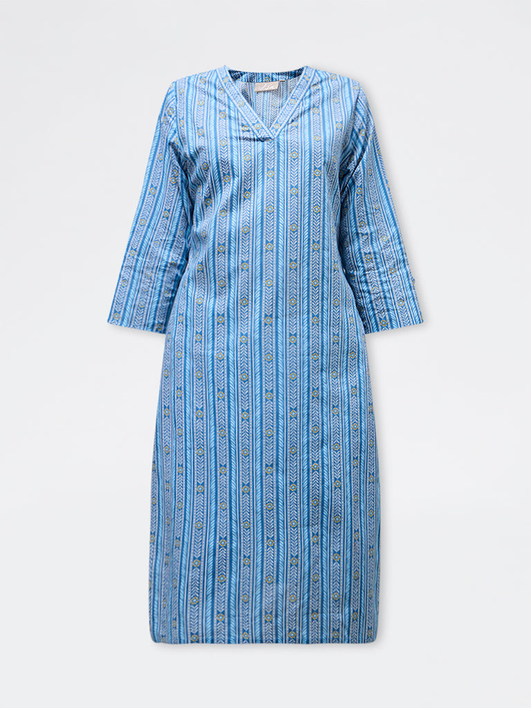 Utsa Blue Leaf Pattern Cotton Straight Kurta