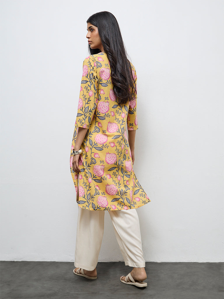 Utsa Yellow Anar Printed Cotton Straight Kurta