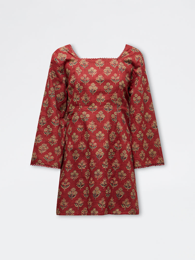 Utsa Red Floral Boota Design Cotton Tunic
