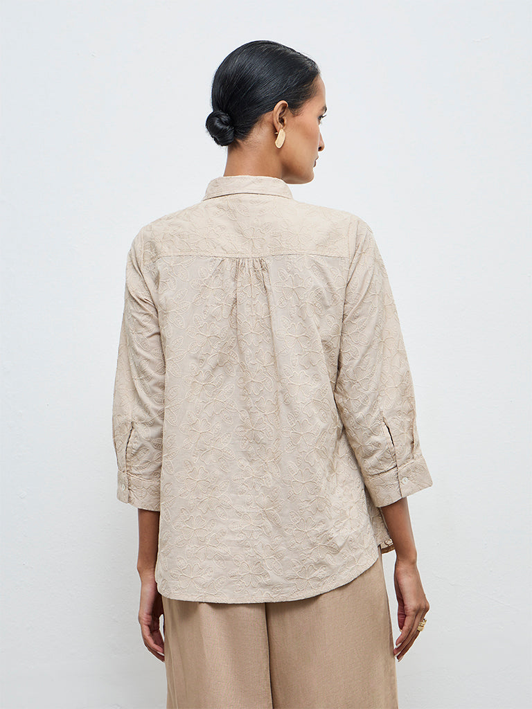 Zuba Beige Floral Embroidered Cotton Tunic