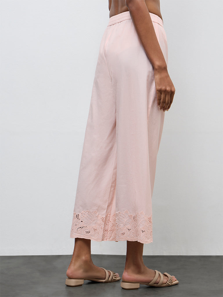 Zuba Peach Floral Embroidered Pants