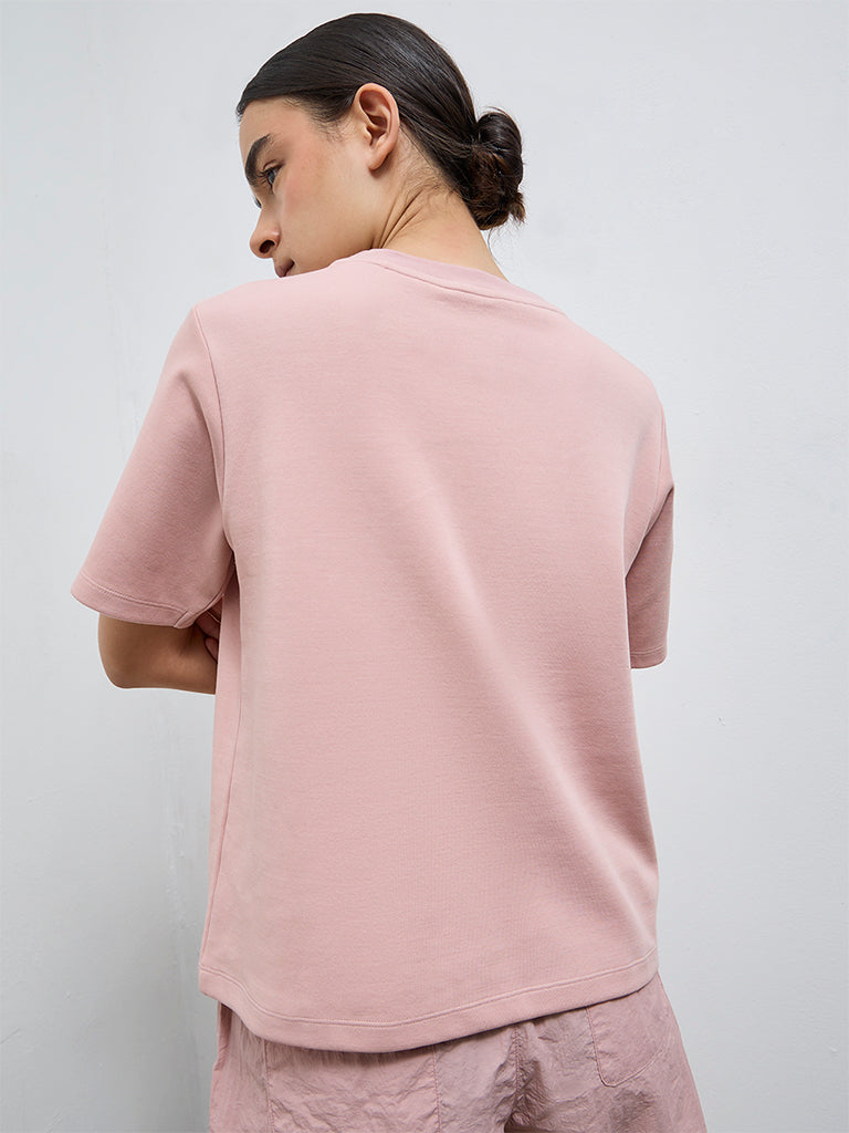 Nuoflexx Dusty Pink Printed Cotton-Blend T-Shirt