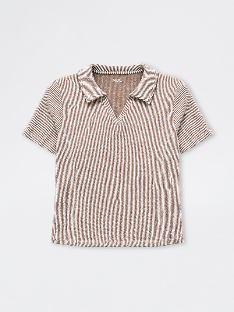 Nuoflexx Taupe Striped Cotton-Blend Top