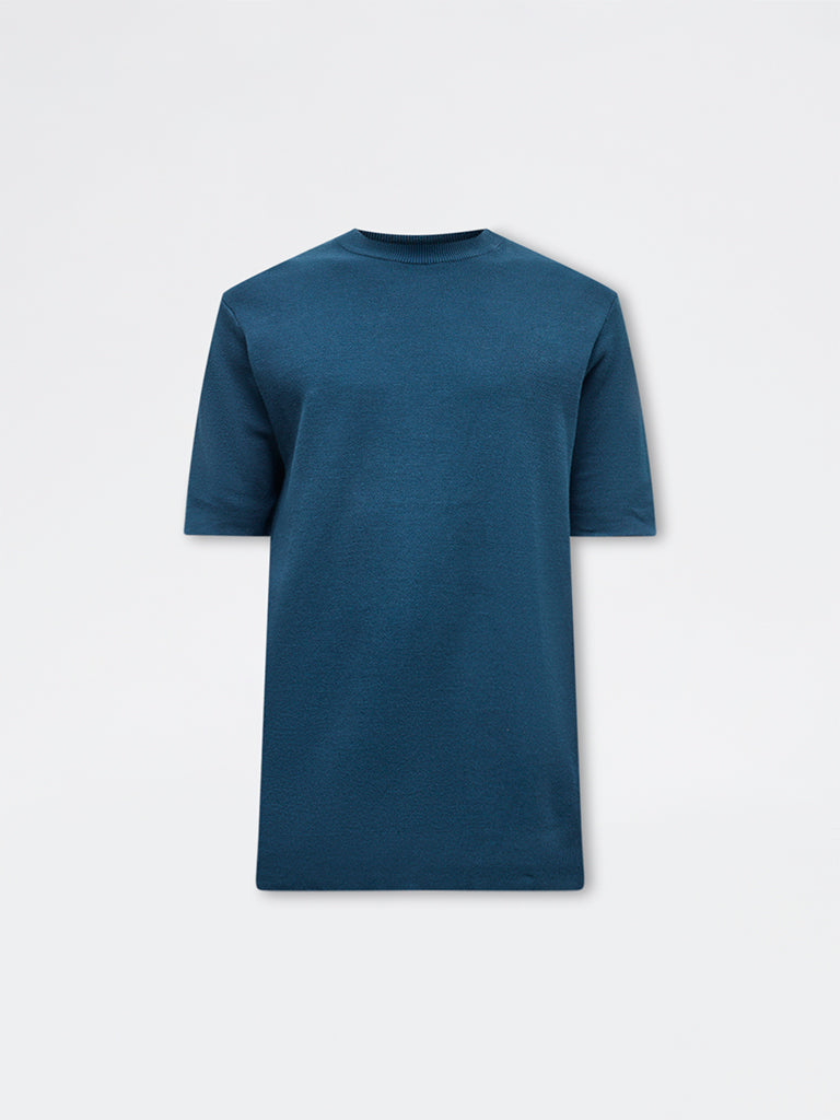 WES Formals Teal Knitted Slim-Fit T-Shirt