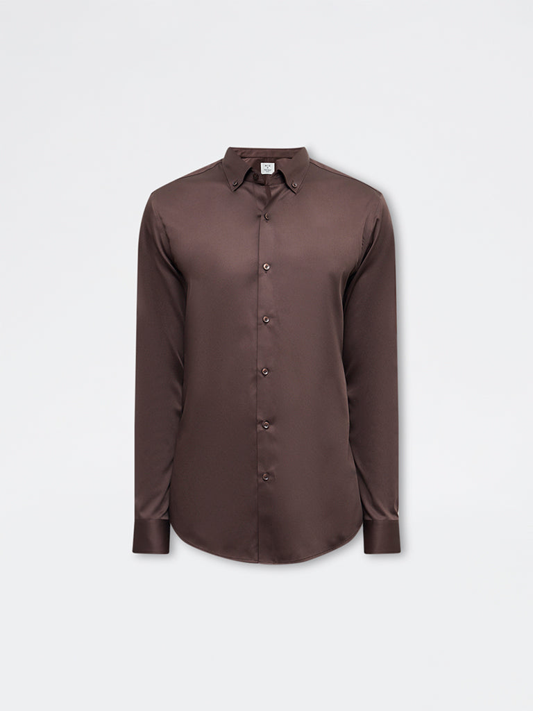 WES Formals Dark Brown Solid Slim-Fit Cotton Shirt
