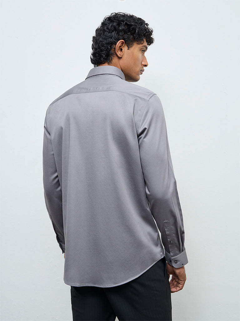 WES Formals Grey Solid Slim-Fit Cotton Shirt