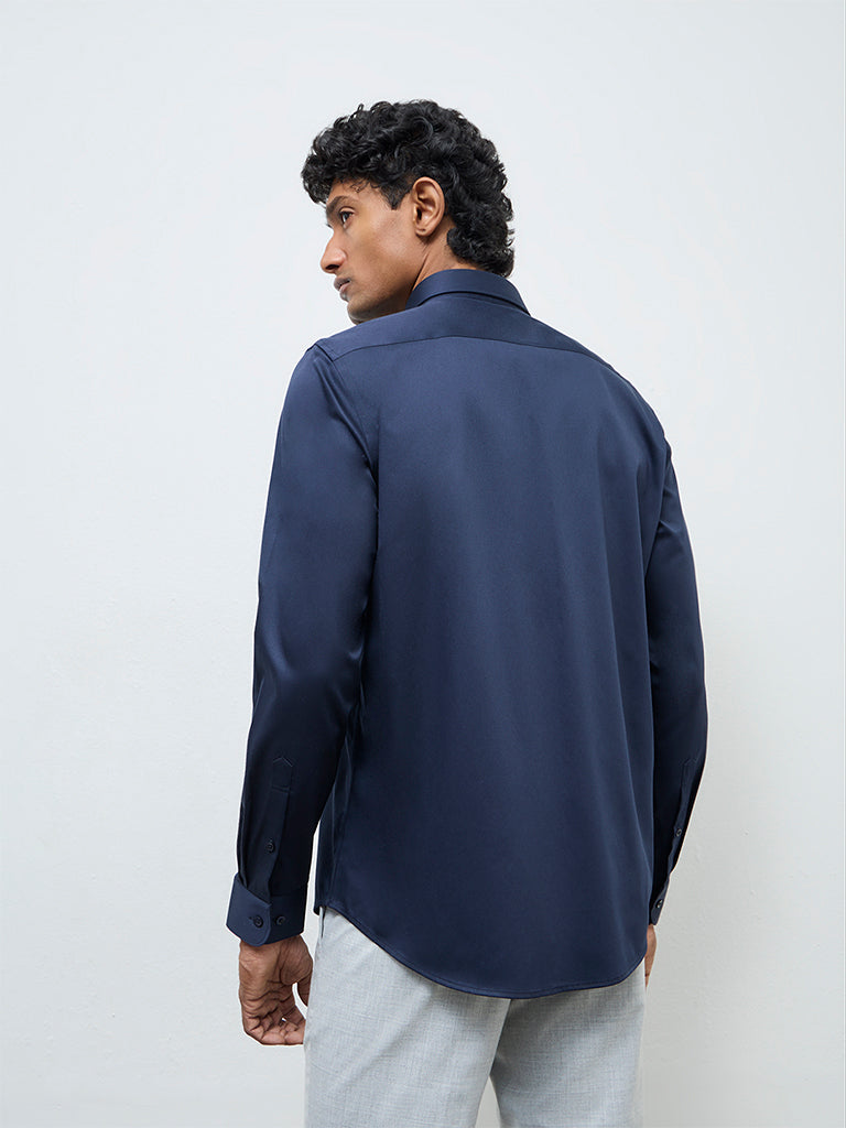 WES Formals Navy Solid Slim-Fit Cotton Shirt