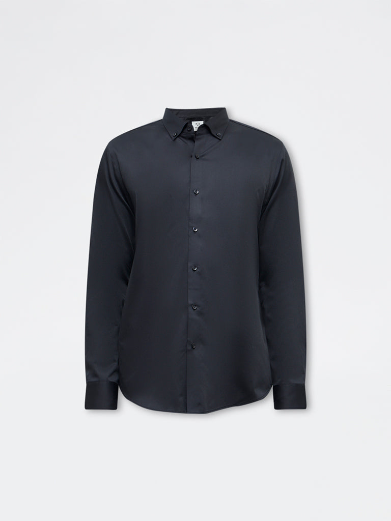 WES Formals Black Solid Slim-Fit Cotton Shirt