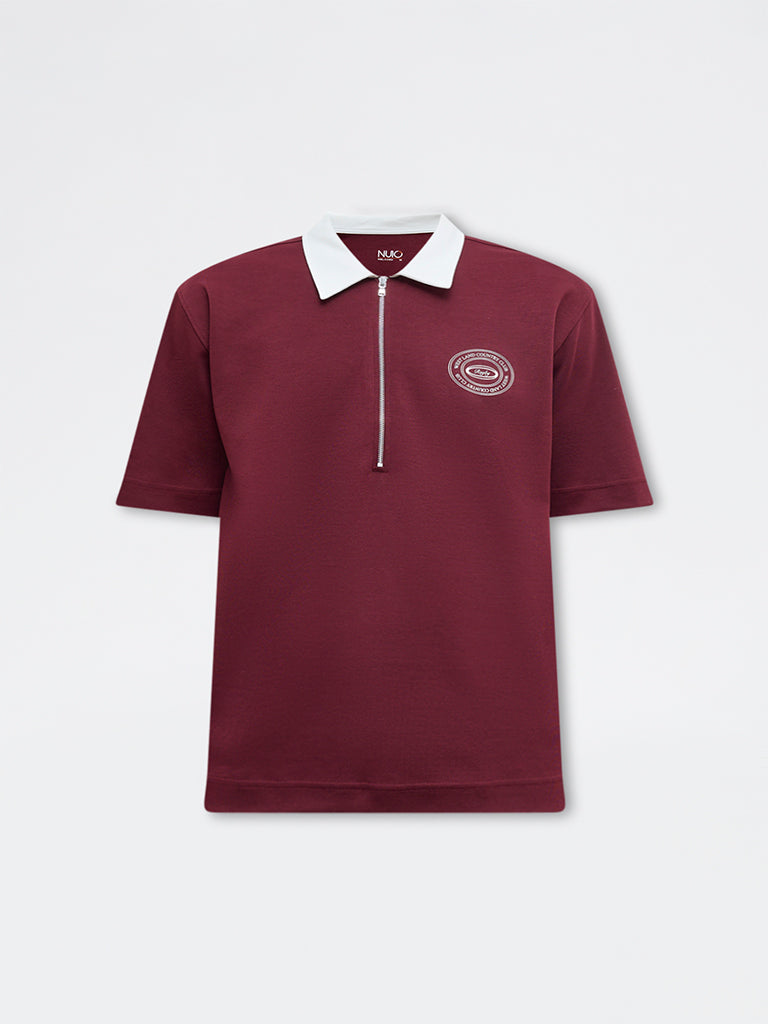 Nuoflexx Burgundy Relaxed-Fit Cotton-Blend Quarter-Zip T-Shirt