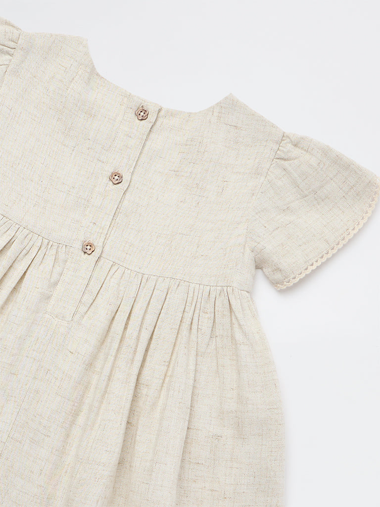 HOP Baby Girls Beige Floral Embroidered A-Line Cotton Dress