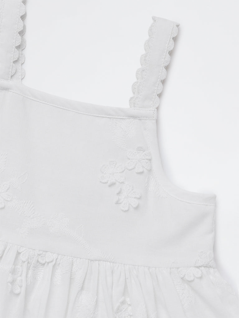 HOP Baby Girls White Embroidered Fit-and-Flare Cotton Dress