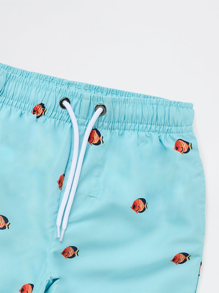 HOP Kids Boys Aqua Printed Mid-Rise Swim Shorts