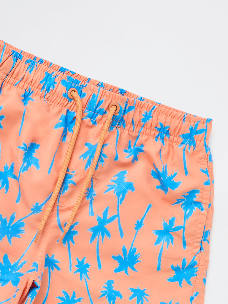 HOP Kids Boys Orange Tropical Printed Mid-Rise Swim Shorts