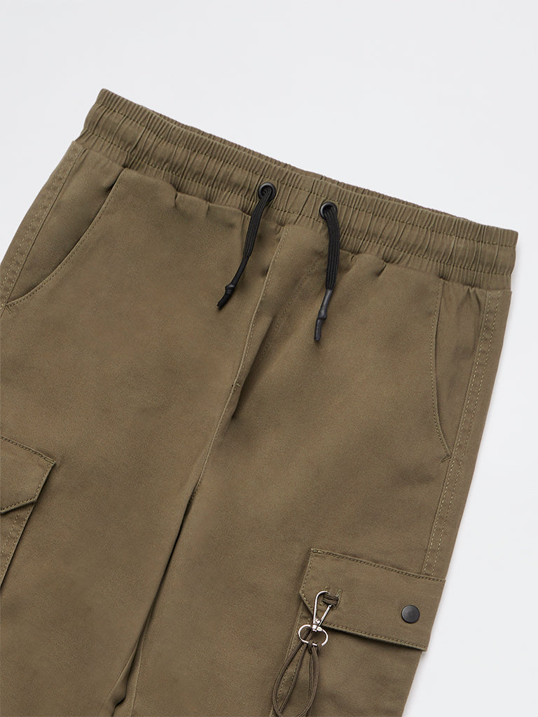 Boys Olive Mid-Rise Cotton-Blend Joggers