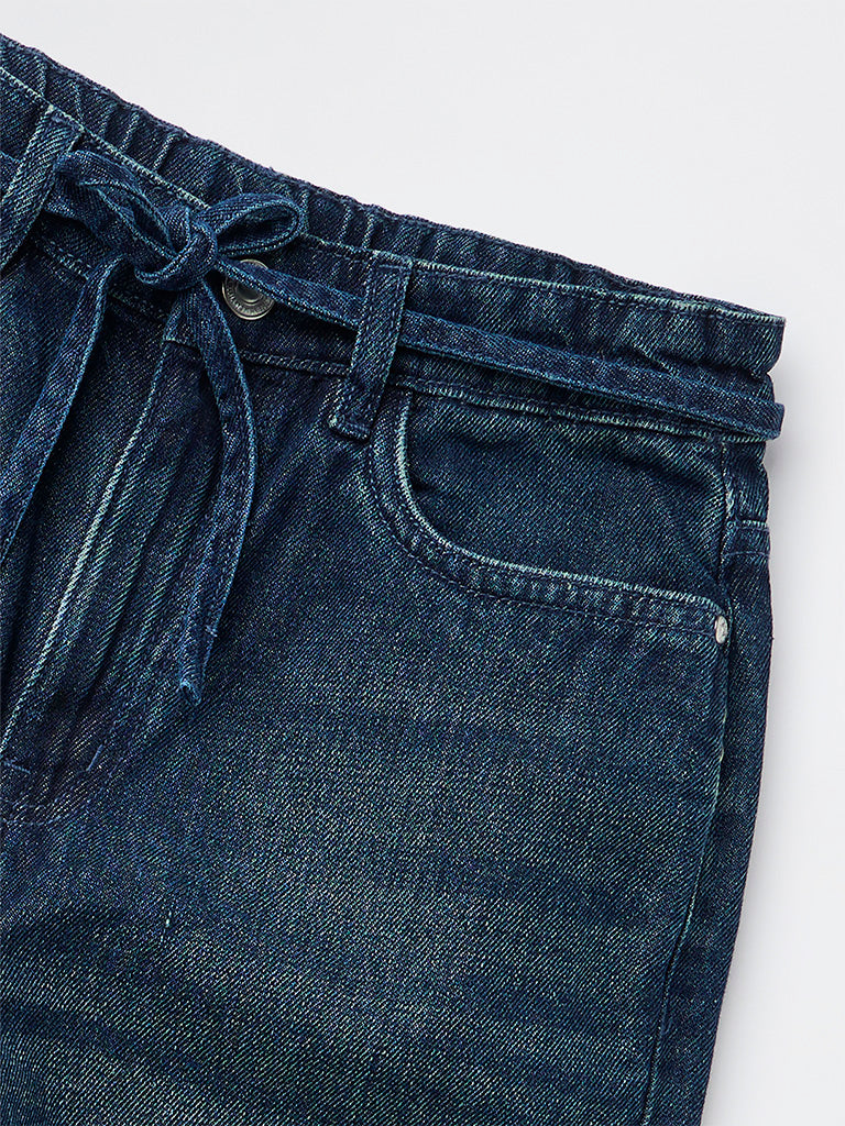 Girls Blue Dark Wash High-Rise Jeans with Belt
