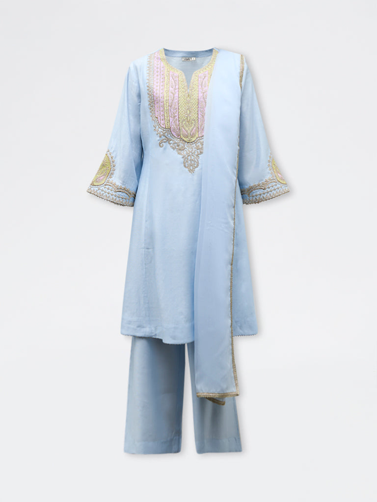 Vark Light Blue Embroidered A-Line Ethnic Set