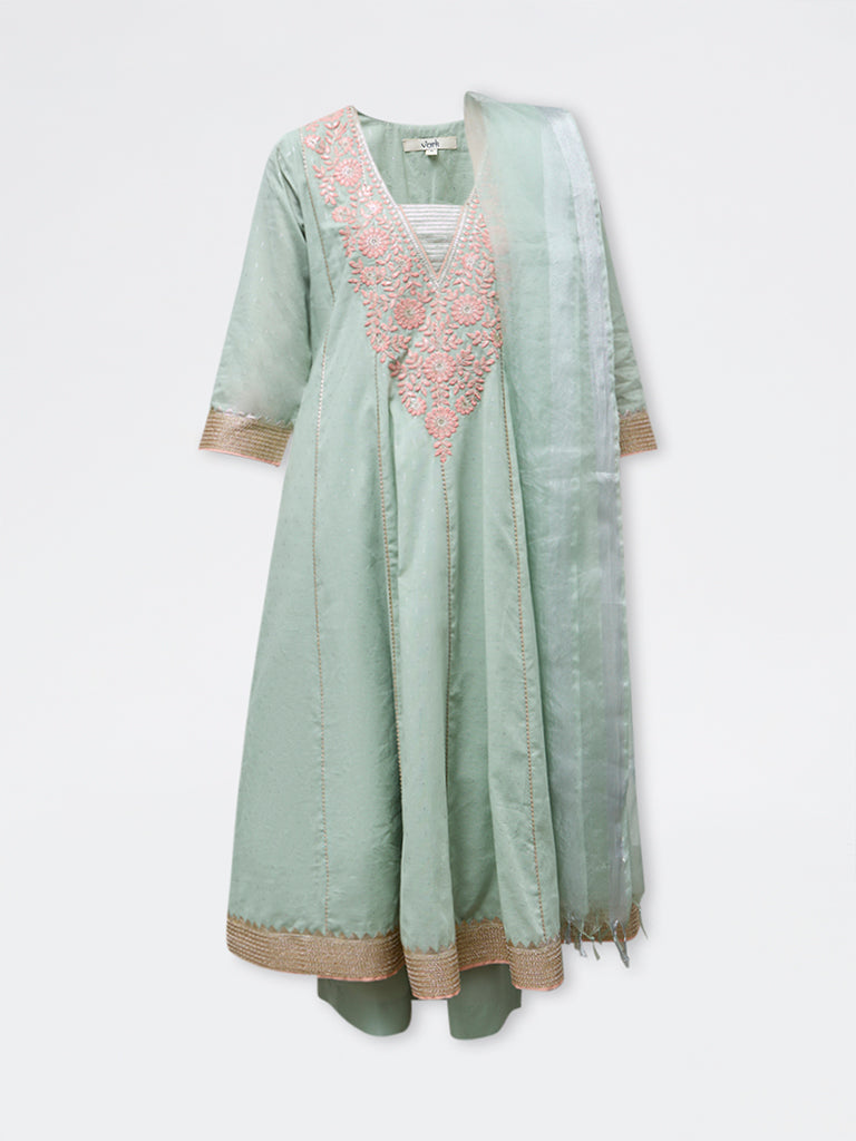Vark Mint Floral Embroidered Cotton-Blend A-Line Ethnic Set