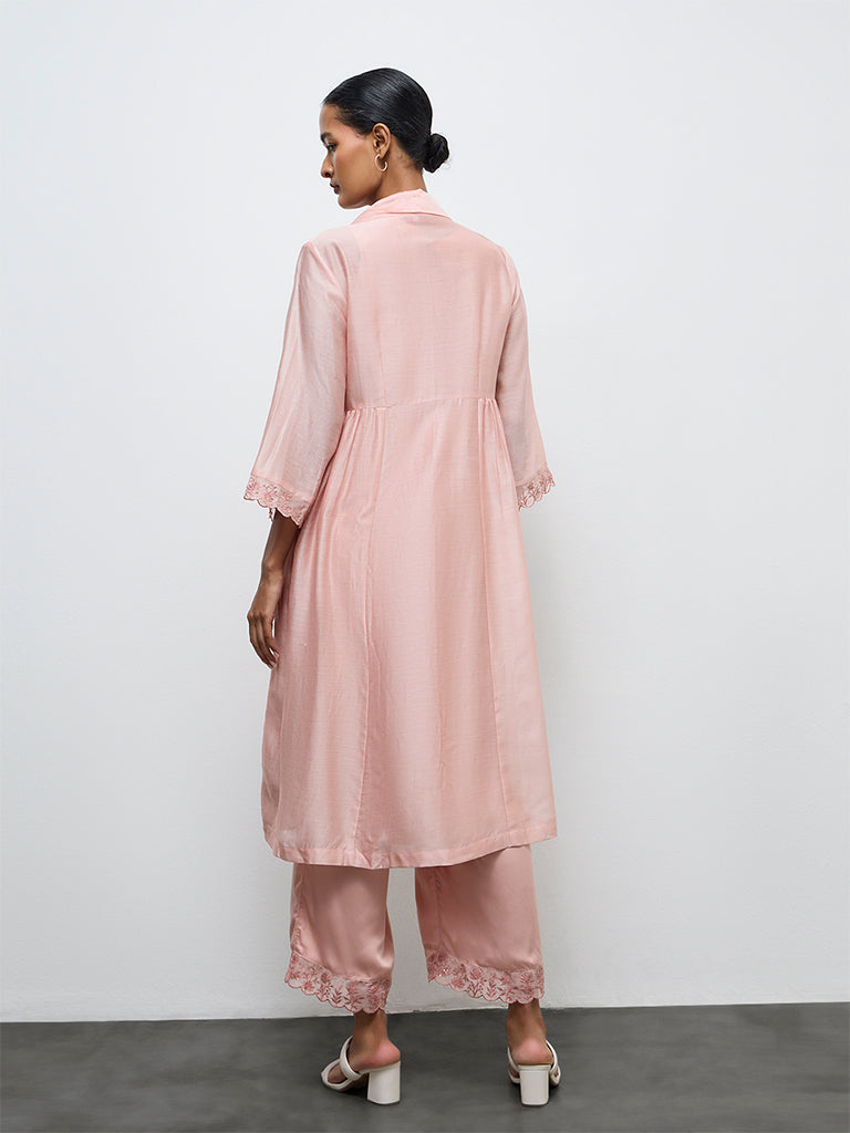 Zuba Dusty Pink Floral Embroidered A-Line Kurta