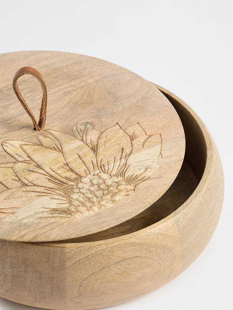 Westside Home Light Brown Sunflower Design Wooden Roti Box with Lid