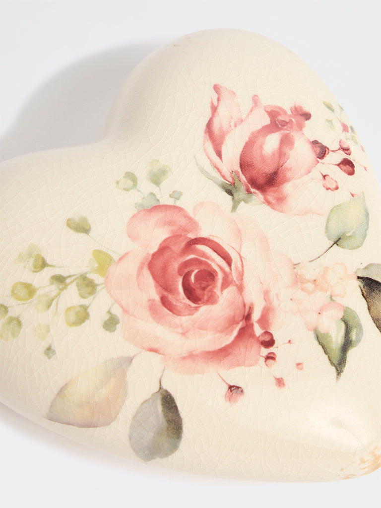 Westside Home Off-White Ceramic Floral Pattern Heart Decorative Object