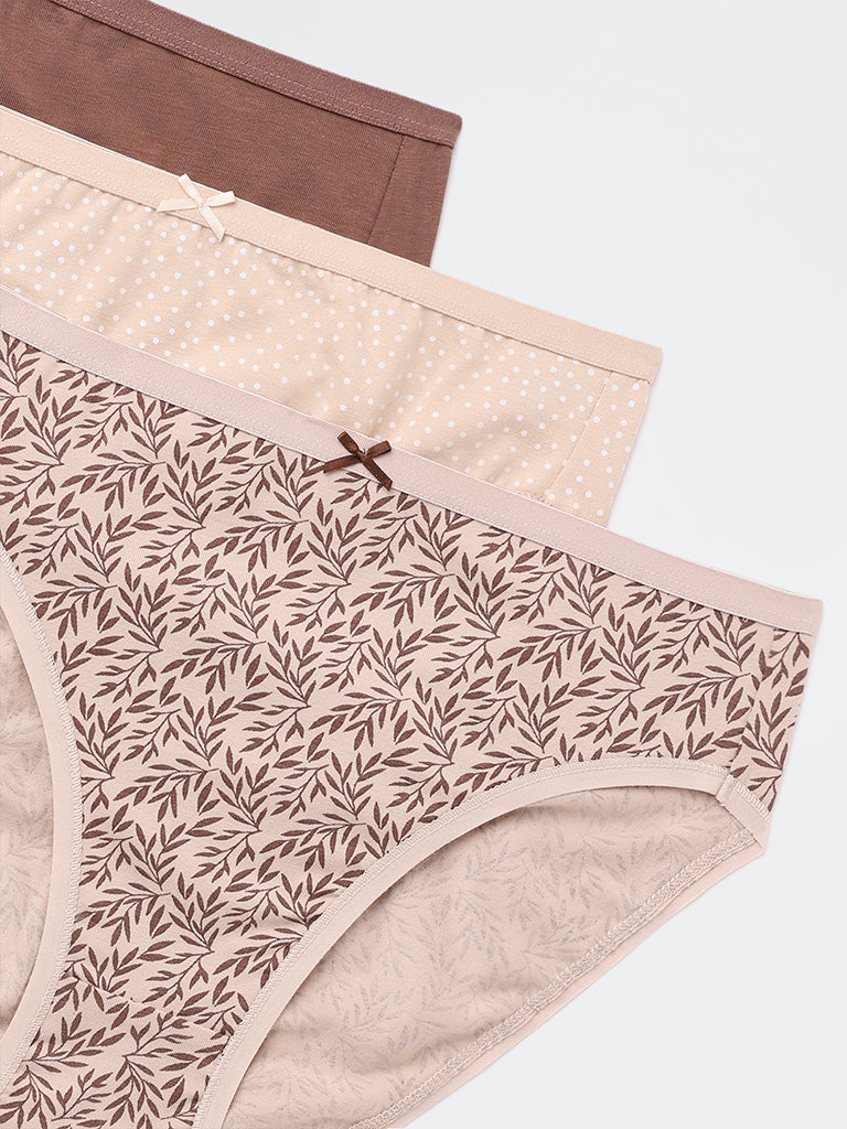Wunderlove Taupe Hi-Leg Cotton-Blend Briefs - Pack of 3