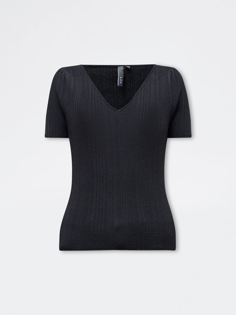 LOV Black Ribbed-Textured Top